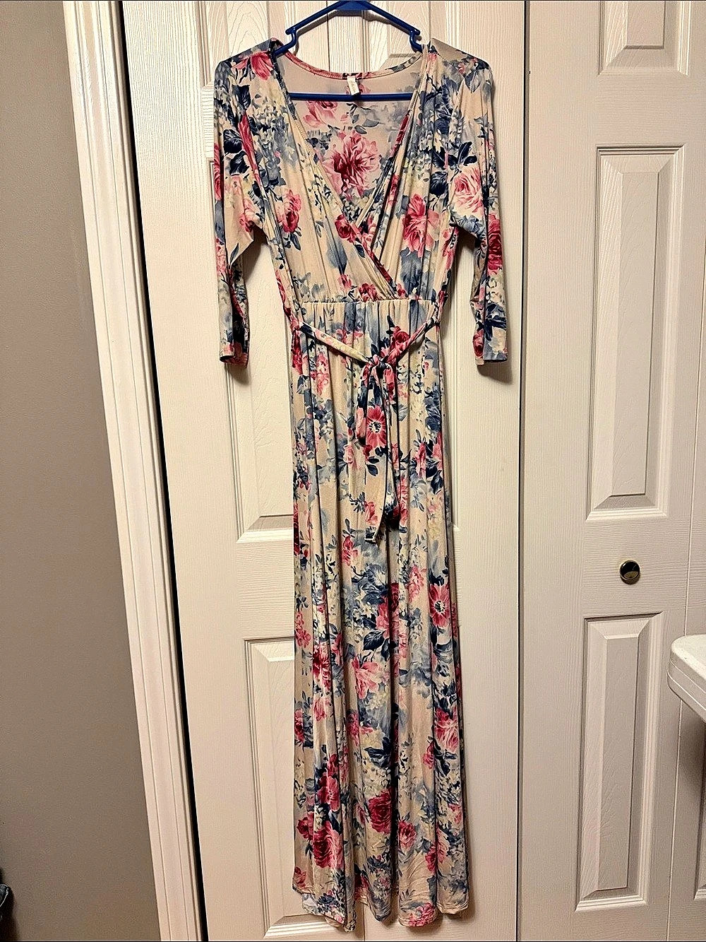 Pink Blush Floral Wrap Maxi Dress in Pink & Blue Like New